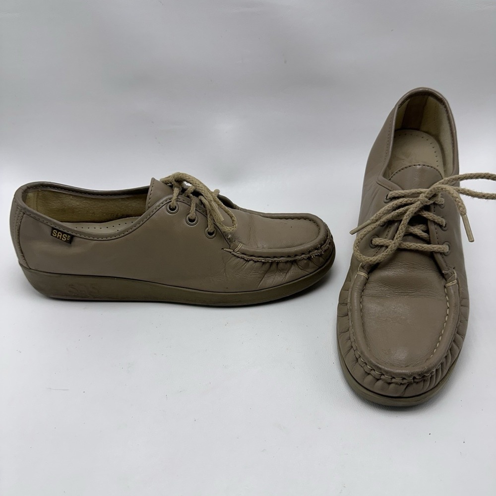SAS Siesta Beige‎ Leather Moc Toe Casual Pinch toe lace up Shoes Women's 7.5 S